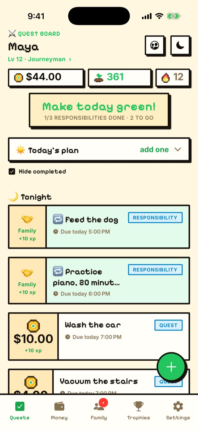 A kid's quest board: Make today green, 1 of 3 responsibilities done, with tonight's tasks and paid quests