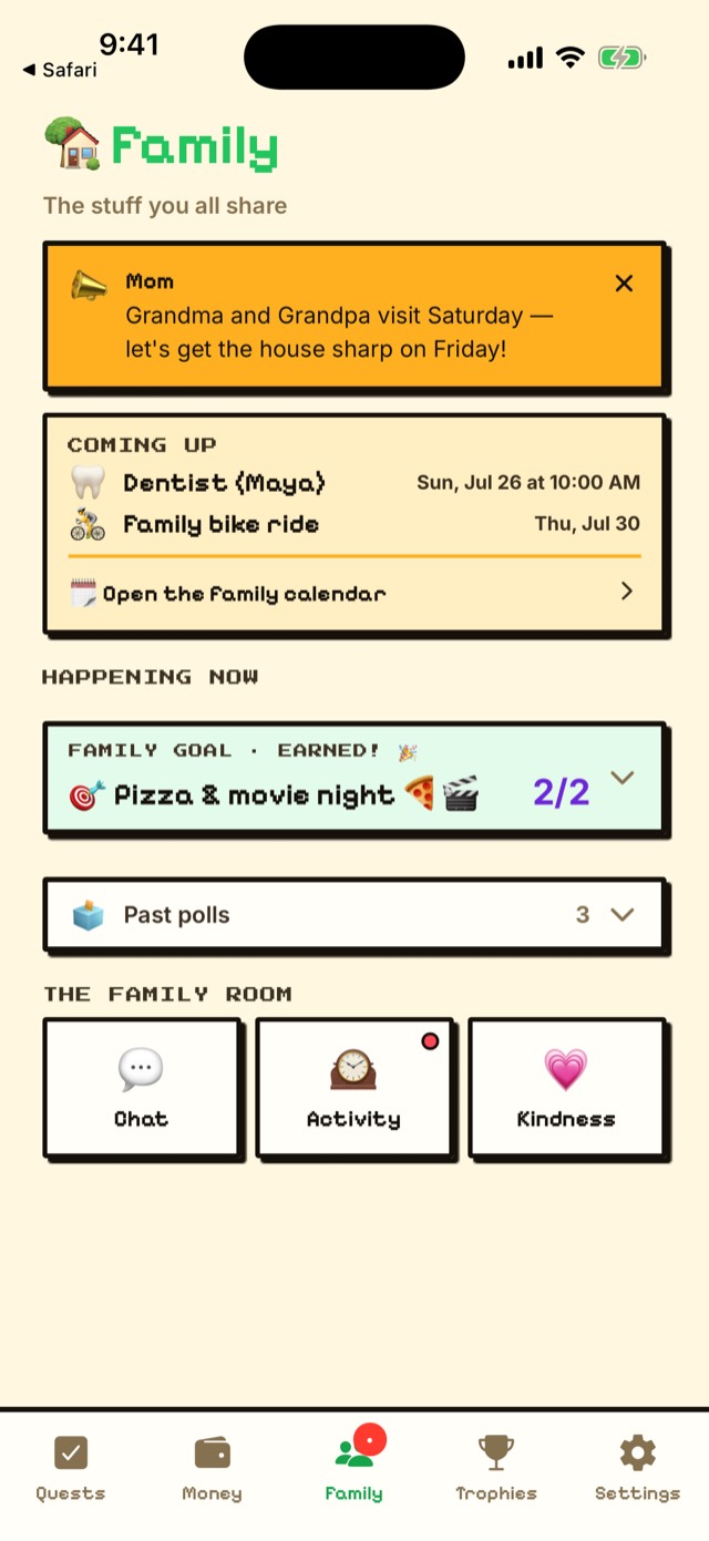 Family hub with upcoming events, the weekly family goal, and the family room