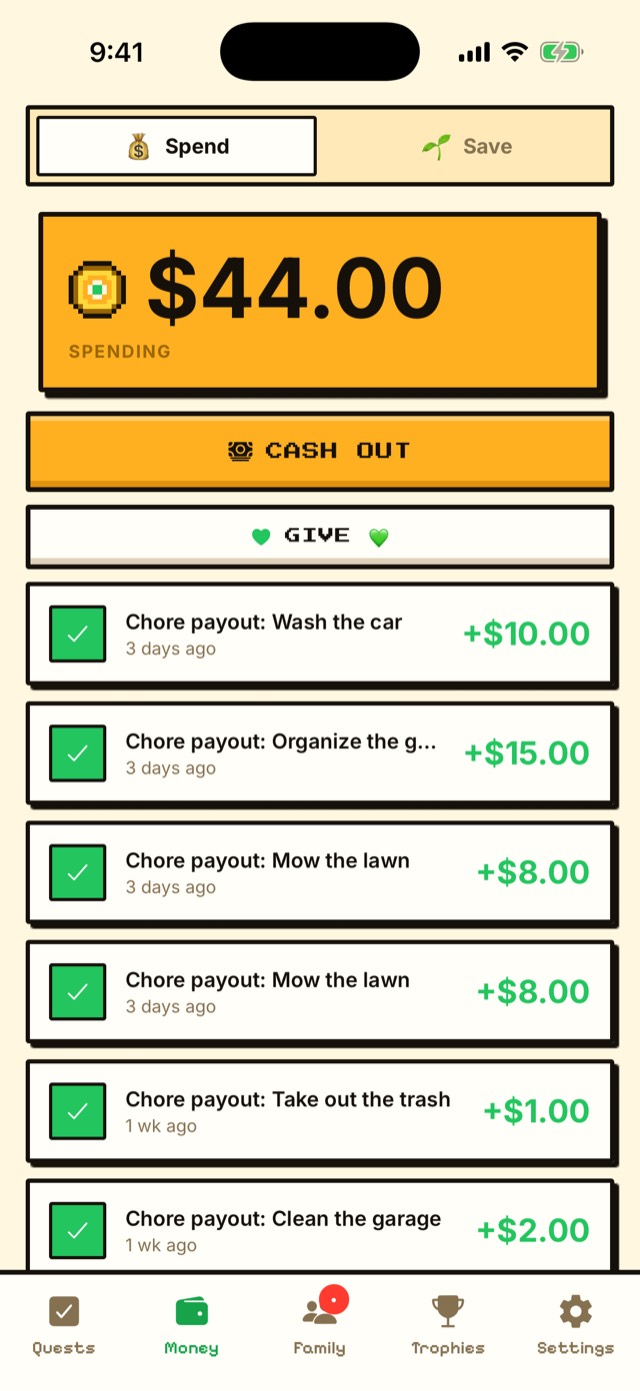 Kid wallet showing a $44 spending balance and a list of chore payouts